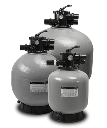 A trio of Emaux V series sand filters, each in grey bobbin wound material with side mount valve connection and white valves.