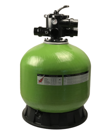 Emaux LF series filter for biological filtration. Green tank in bobbin wound reinforced fiberglass material and 2-inch top mount valve.
