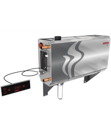 Harvia HGX series steam generator which has a stainless steel casing with a red LED touch-screen controller