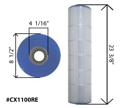 Dimensions of Hayward CX1100RE cartridge filter element. Height: 23-3/8", Outer diameter: 8-1/2", Inner diameter: 4-1/16"