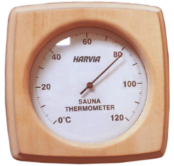 Harvia SAC92000 wooden themometer with readings from 0 to 120 degrees Celsius in casing.
