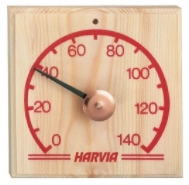 Harvia SAC92300 wooden-blocked thermometer with readings from 0 to 140 degrees Celsius in red. etched in red, no casing
