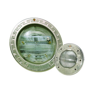 A pair of Pentair IntelliBrite 5G LED lights with stainless steel face rings, one big version for pools and the other small version for spas