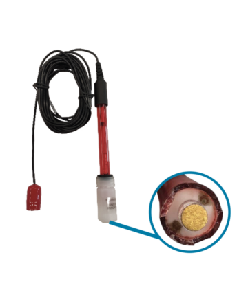 BSV ORP sensor with rolled-up cable and a close-up of the probe's internal gold material
